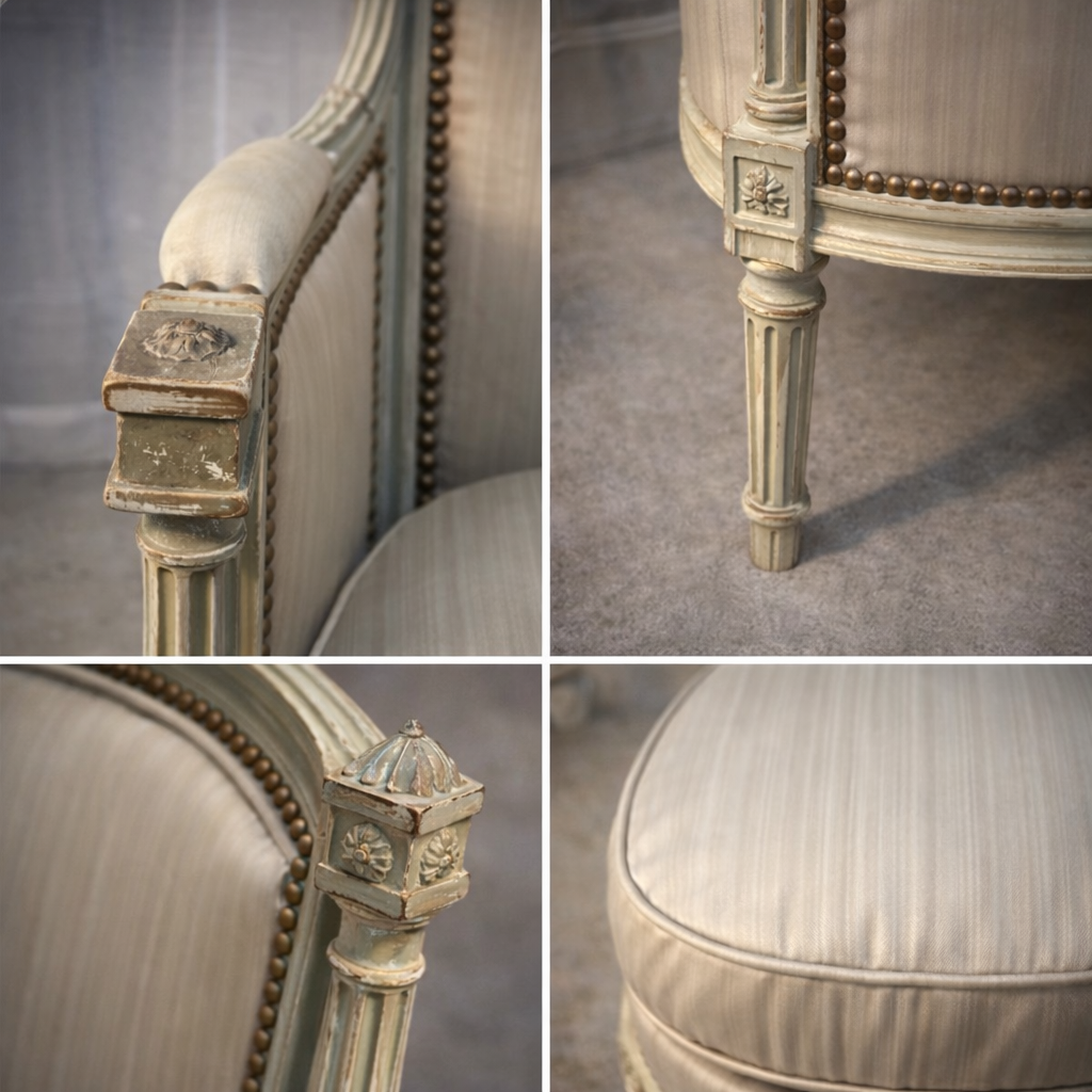 Louis XVI-Style Carved & Sage Peinte Bergère Chair set of 2