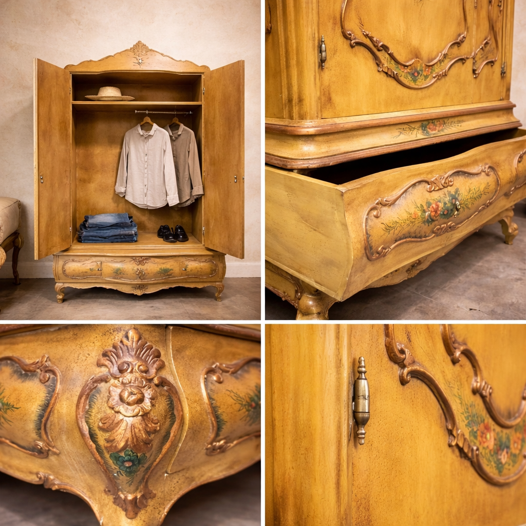 Italian Rococo Style Armoire | Hand Painted Vintage Wardrobe Cabinet