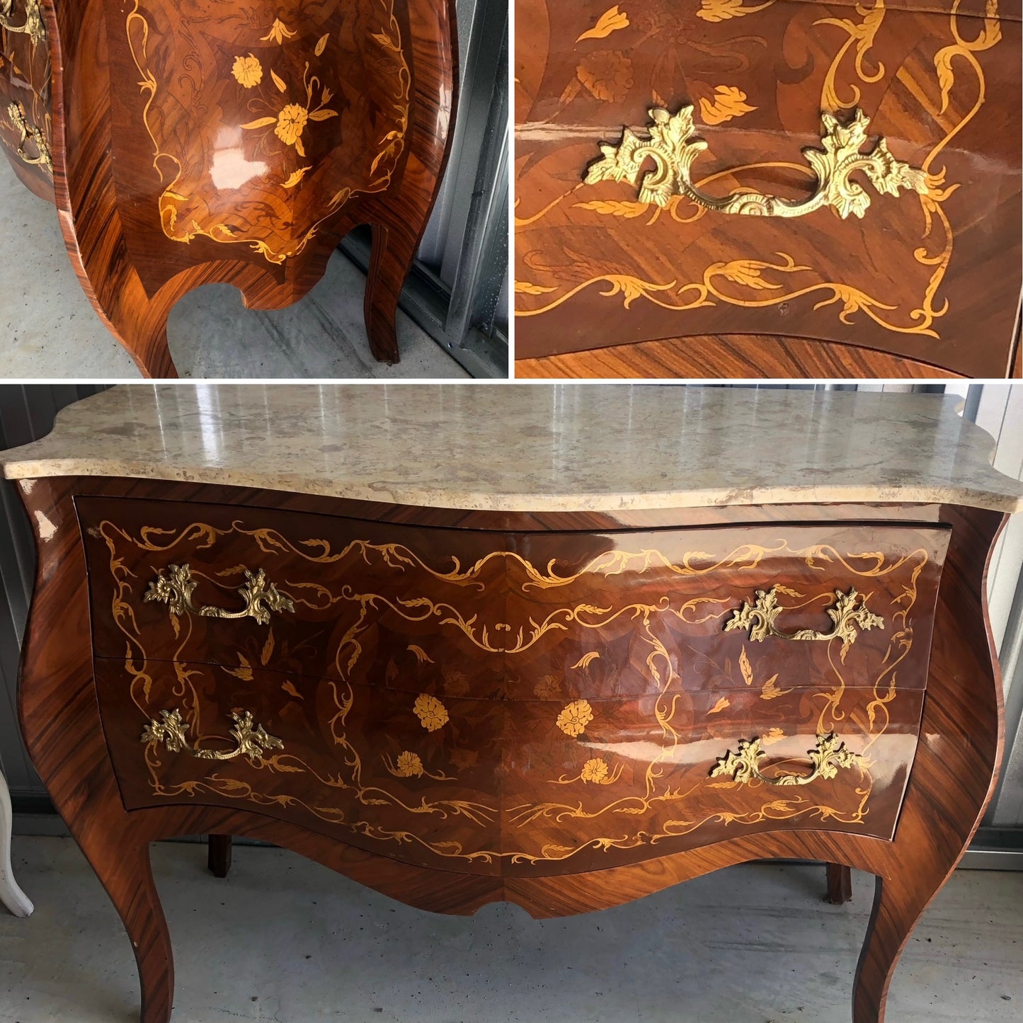 Louis XV French Bombe 2 Drawer with Marble Top