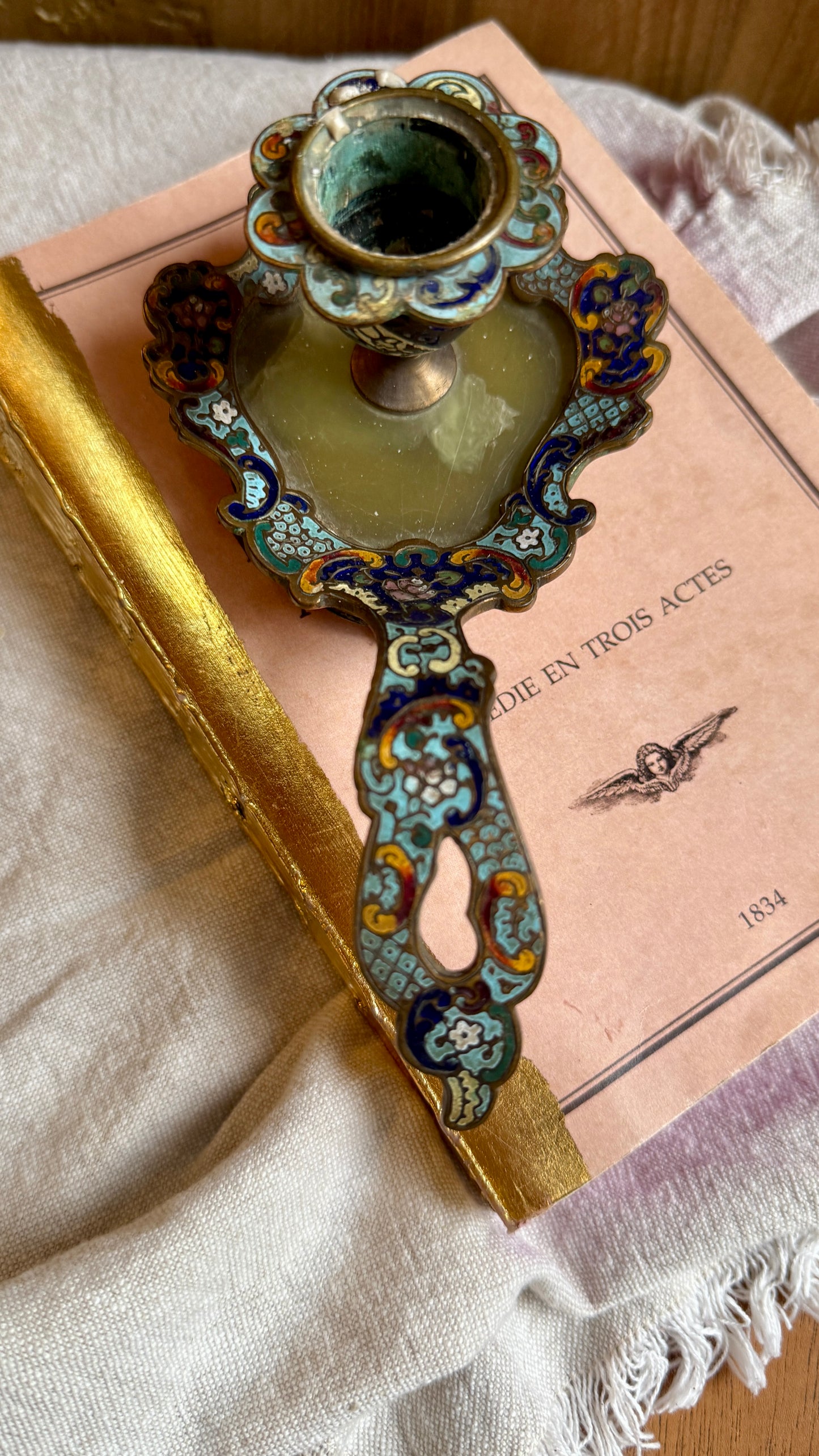 French Antique French Champlevé Candle Holder