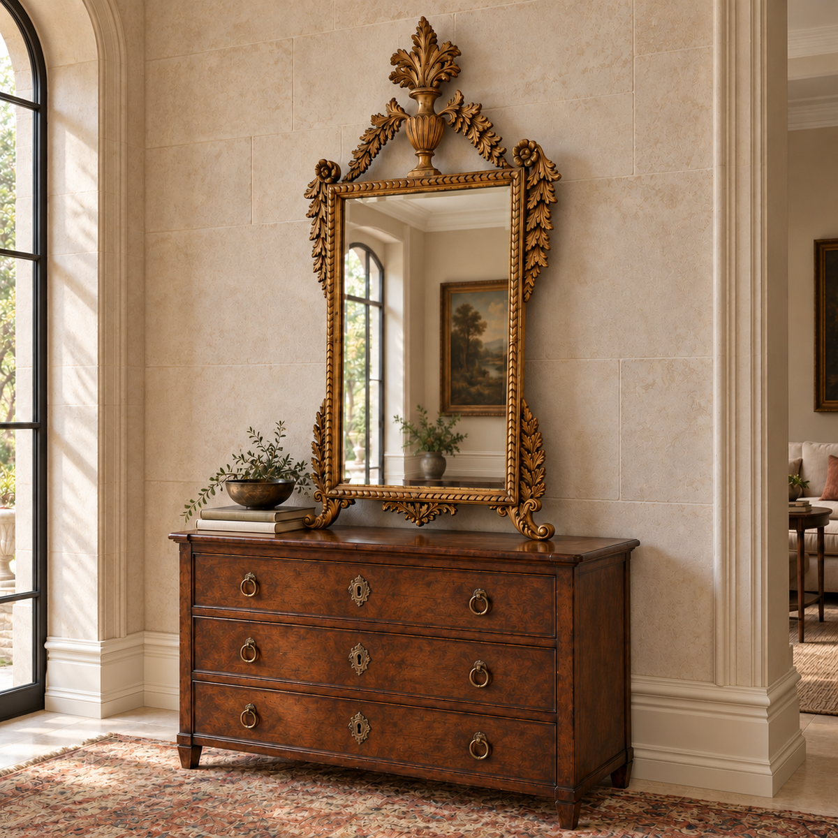 Italian giltwood mirror with urn crest, carved foliage and scroll feet On antique sideboard