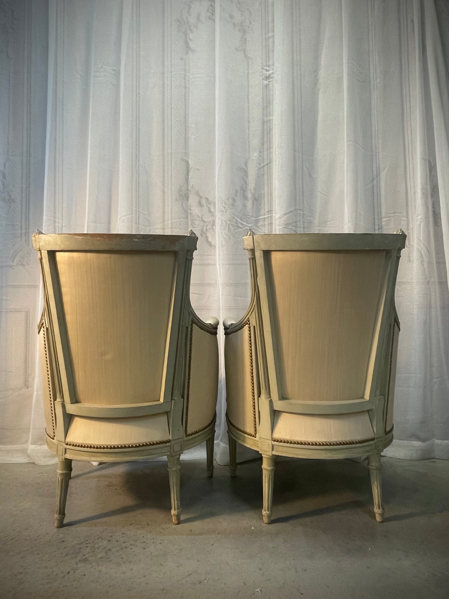 Louis XVI-Style Carved & Sage Peinte Bergère Chairs