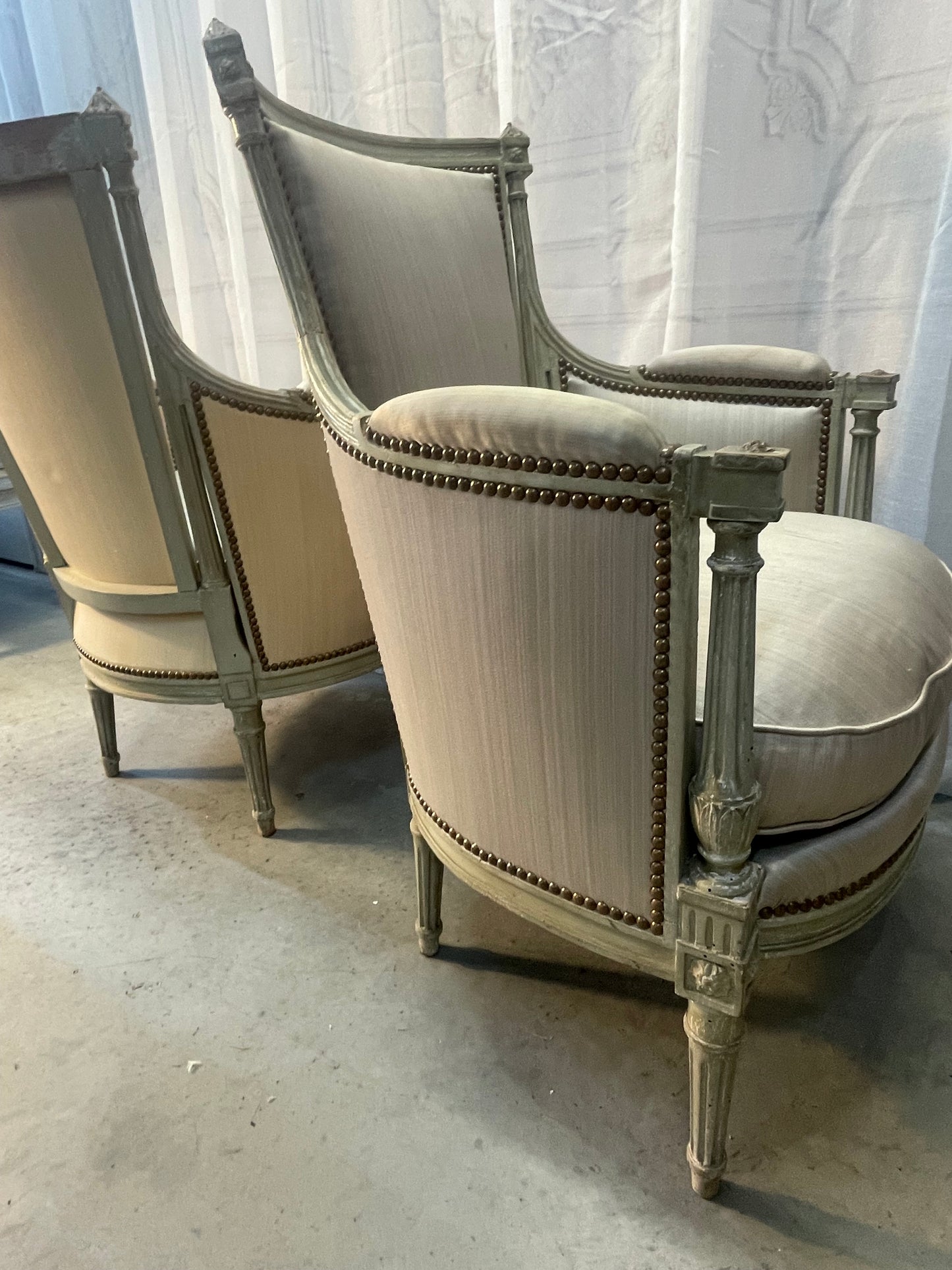 Louis XVI-Style Carved & Sage Peinte Bergère Chairs