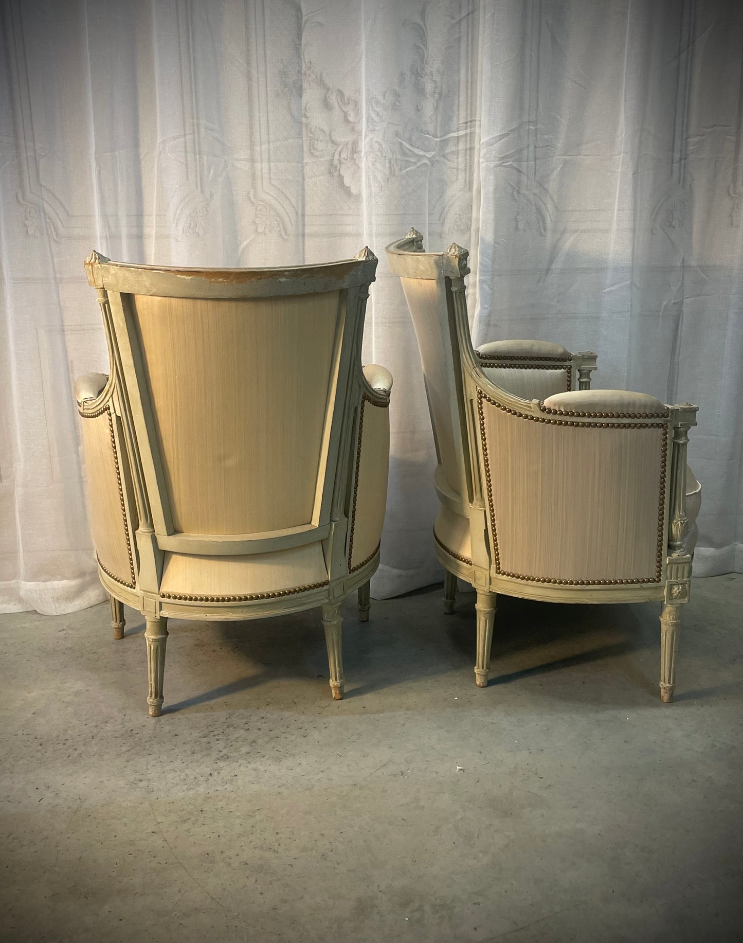 Louis XVI-Style Carved & Sage Peinte Bergère Chairs