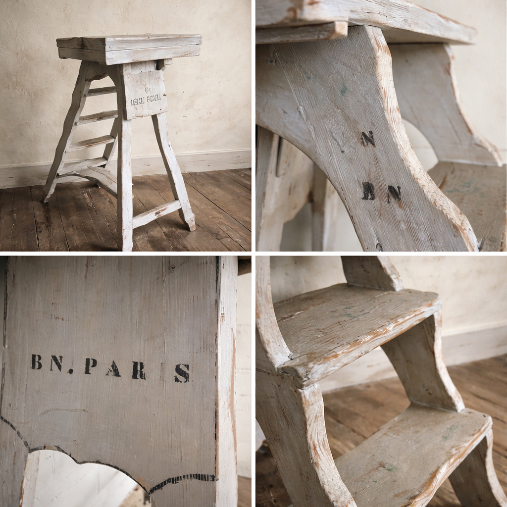 French Antique Library Ladder — Petite “B.N. Paris” Bibliothèque Nationale