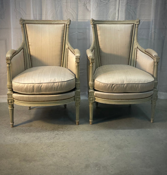 Louis XVI-Style Carved & Sage Peinte Bergère Chair set of 2