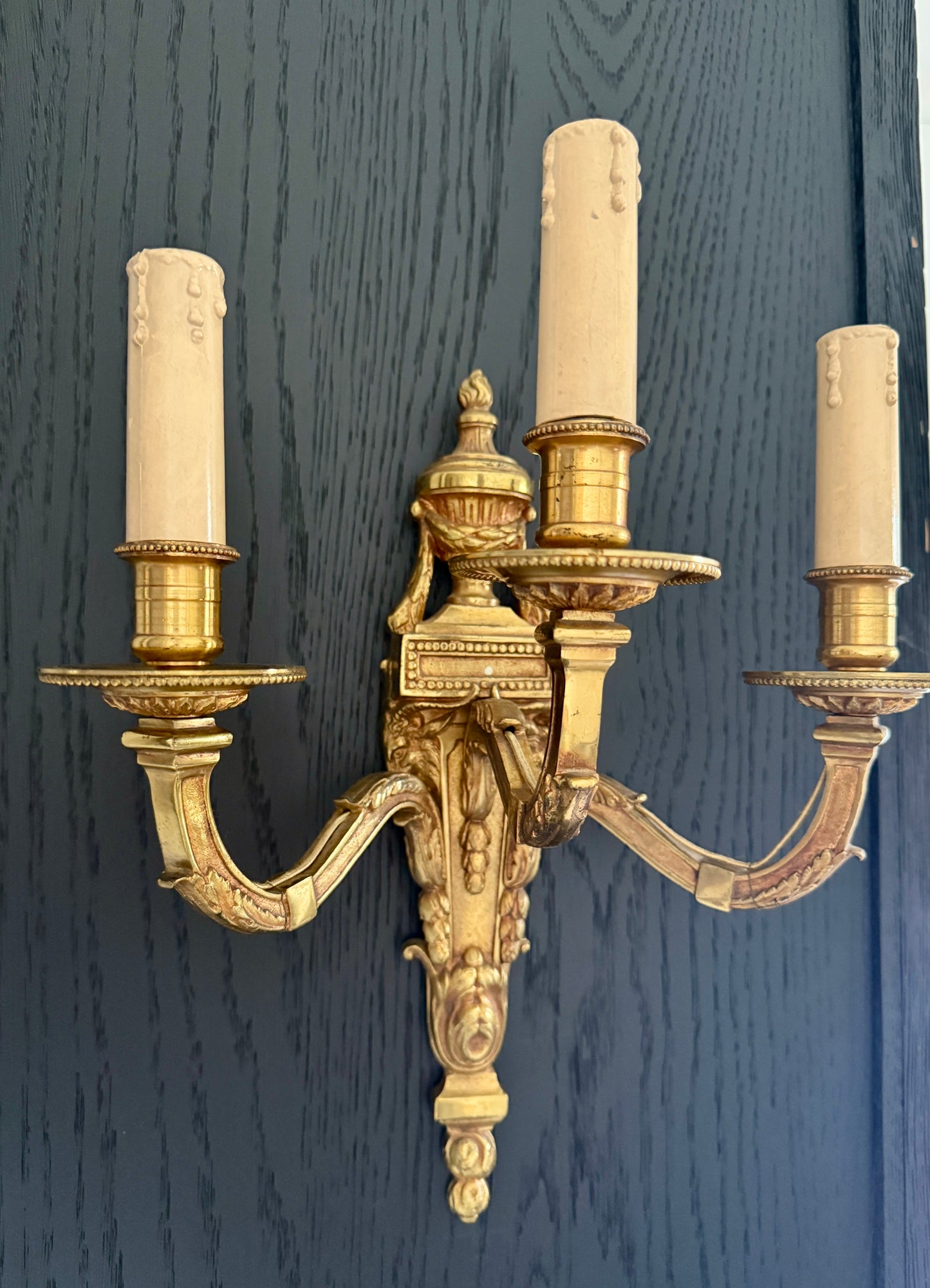 Louis XVI Style Three-Arm Brass Wall Sconces