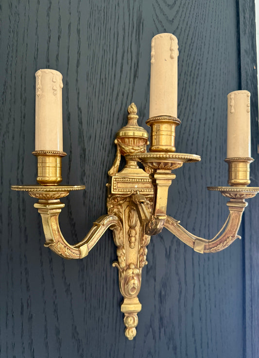 Louis XVI Style Three-Arm Brass Wall Sconces