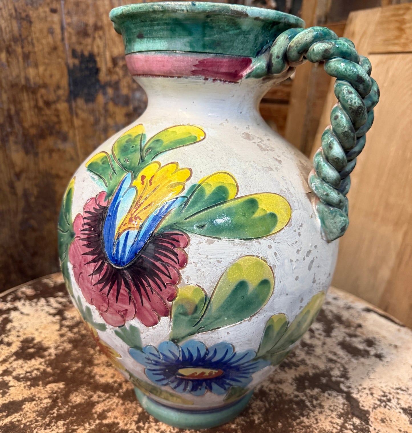 Vintage Italian Majolica Jug with Braided Handle | Mid 20th Century