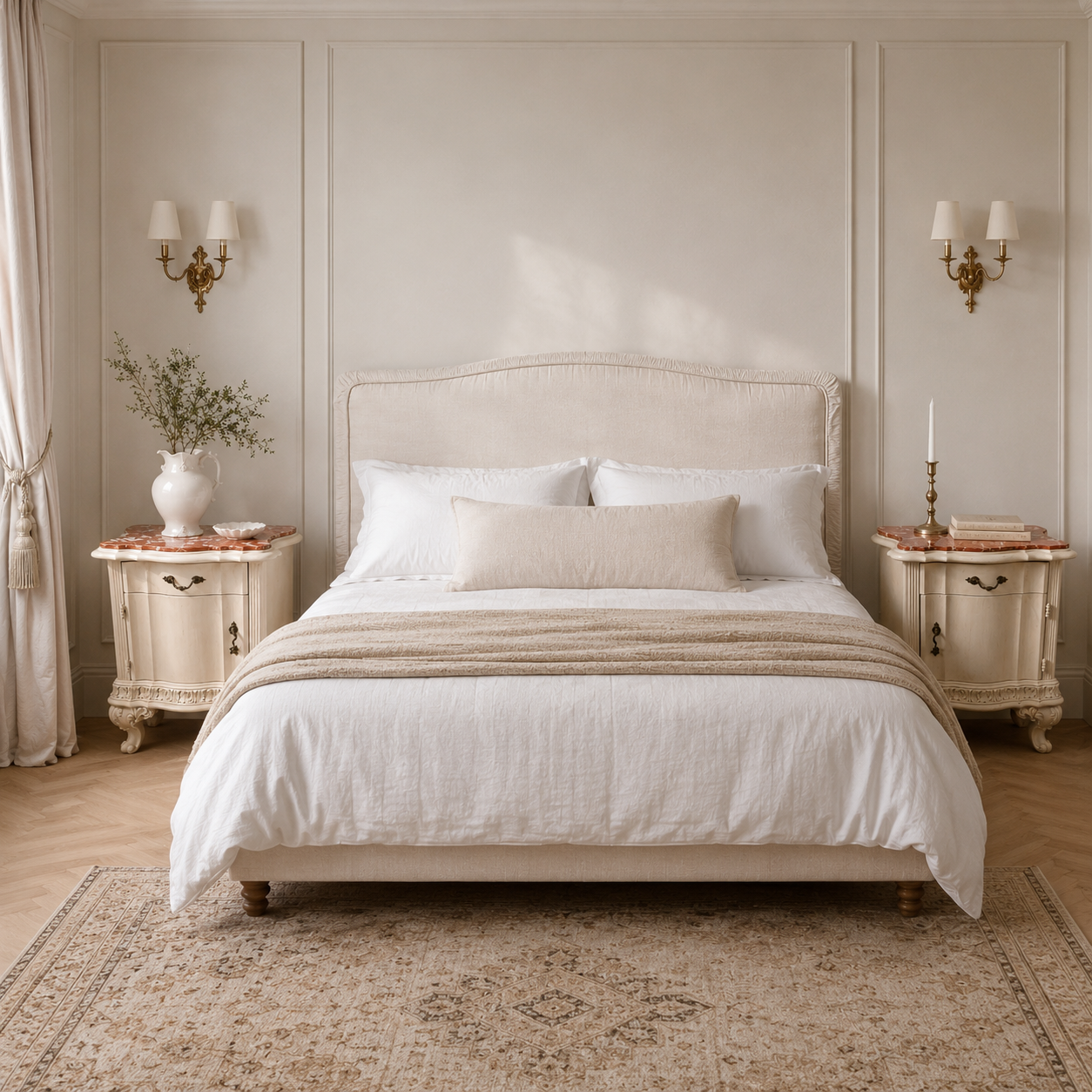 Neatly made bed in a bedroom with vintage Italian marble bedside tables with red marble. decorative nightstands and wall sconces.