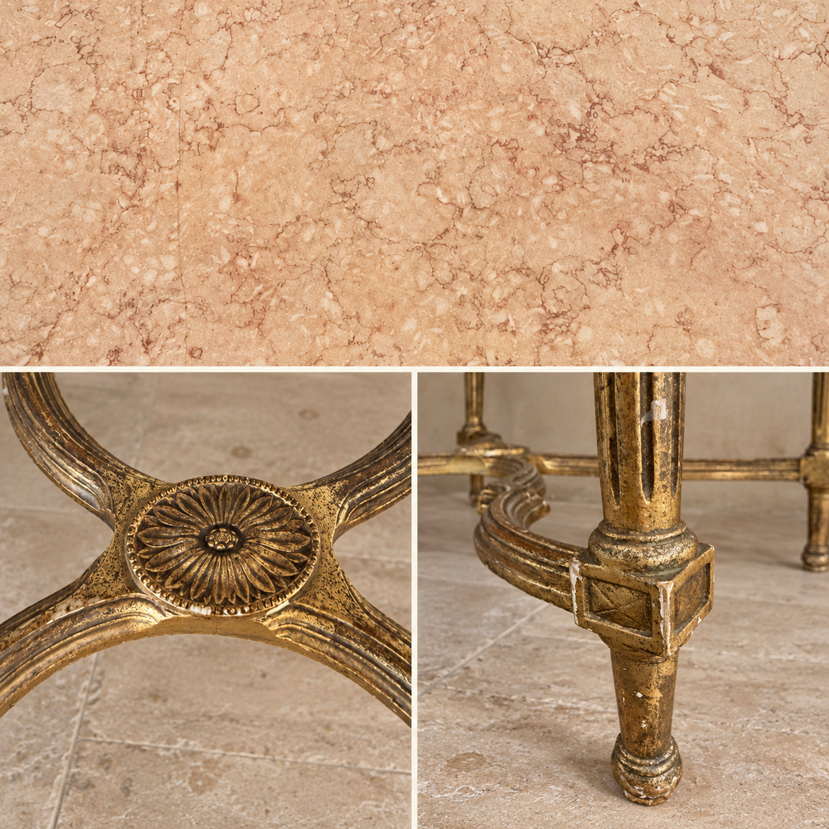 French Louis XVI Style Gilt Coffee Table with Peach Marble