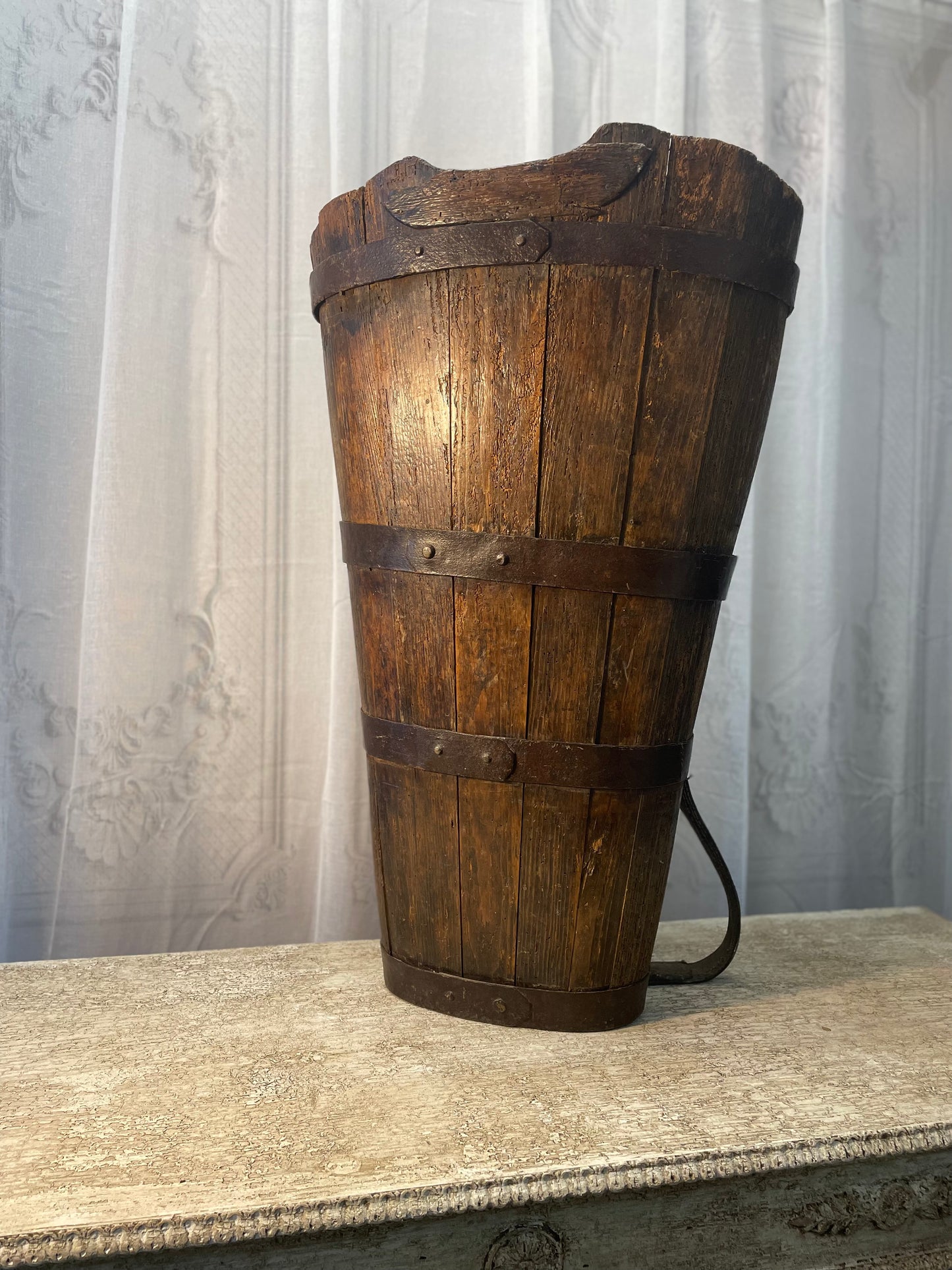19th Century Oak and Leather French Grape Harvest Hod