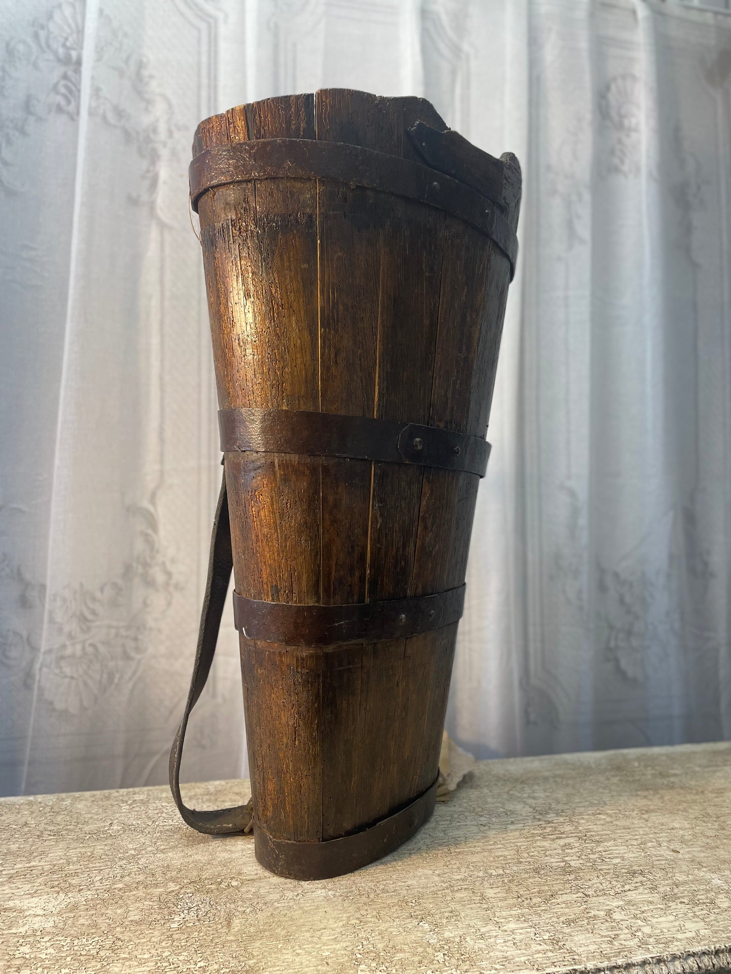19th Century Oak and Leather French Grape Harvest Hod