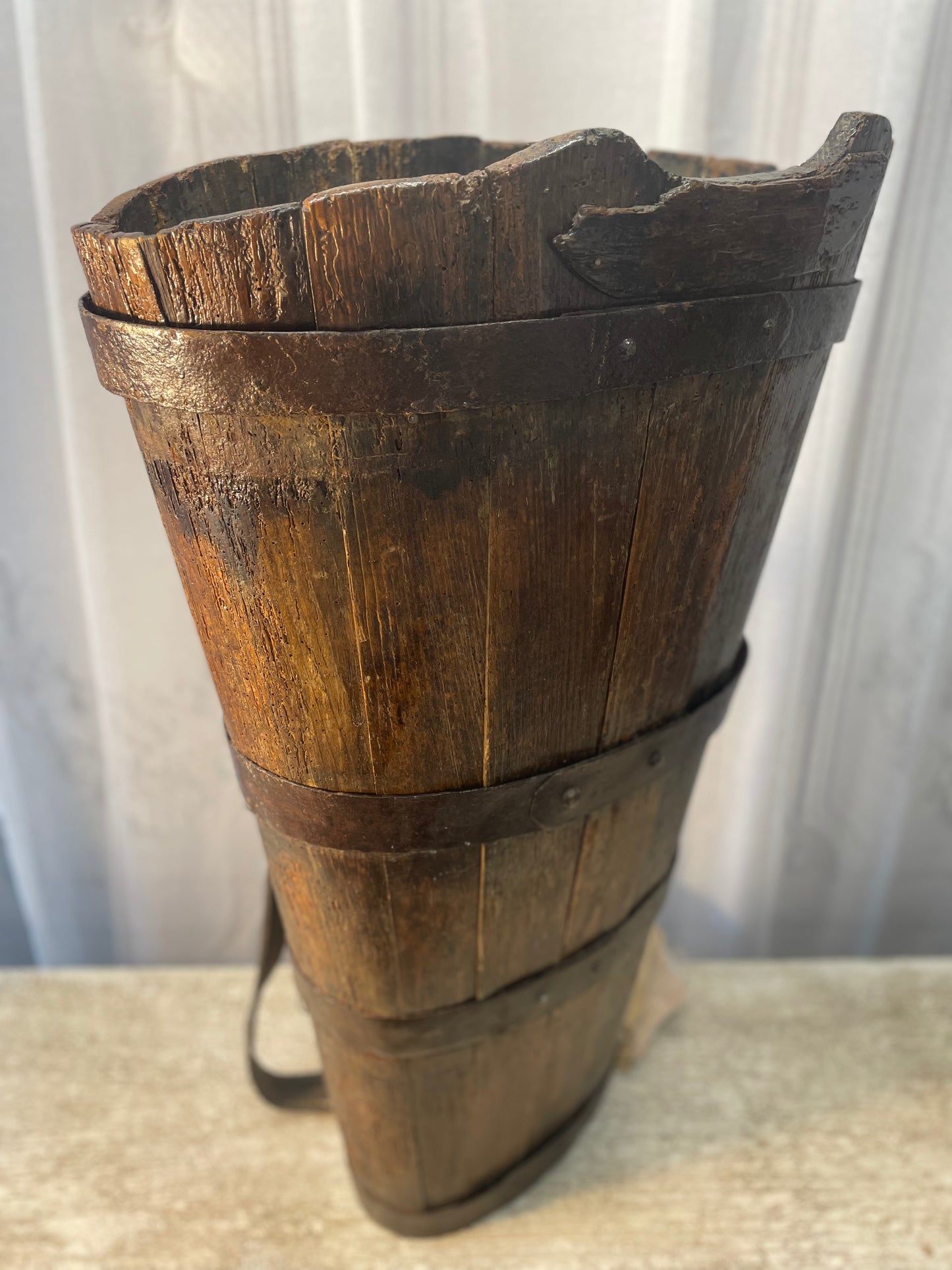 19th Century Oak and Leather French Grape Harvest Hod