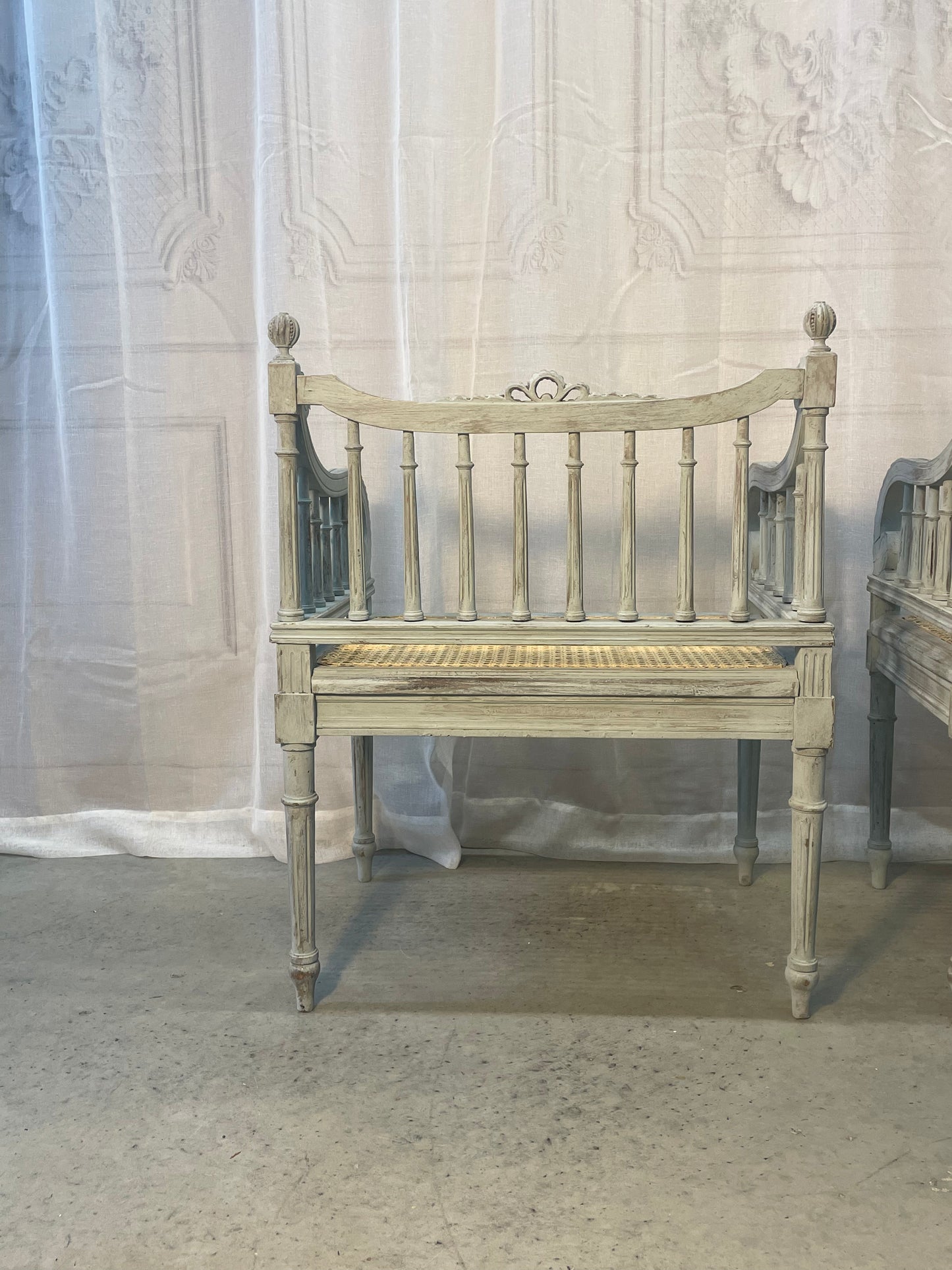 French Blue Carved Armchairs with Rattan Seats