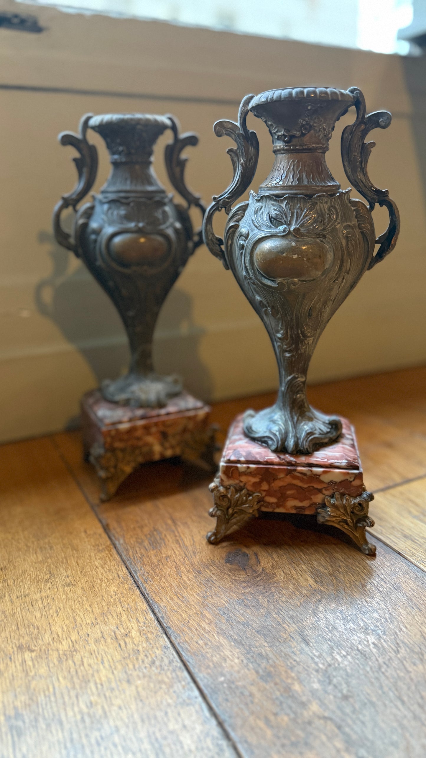 French Marble Based Brass Vases