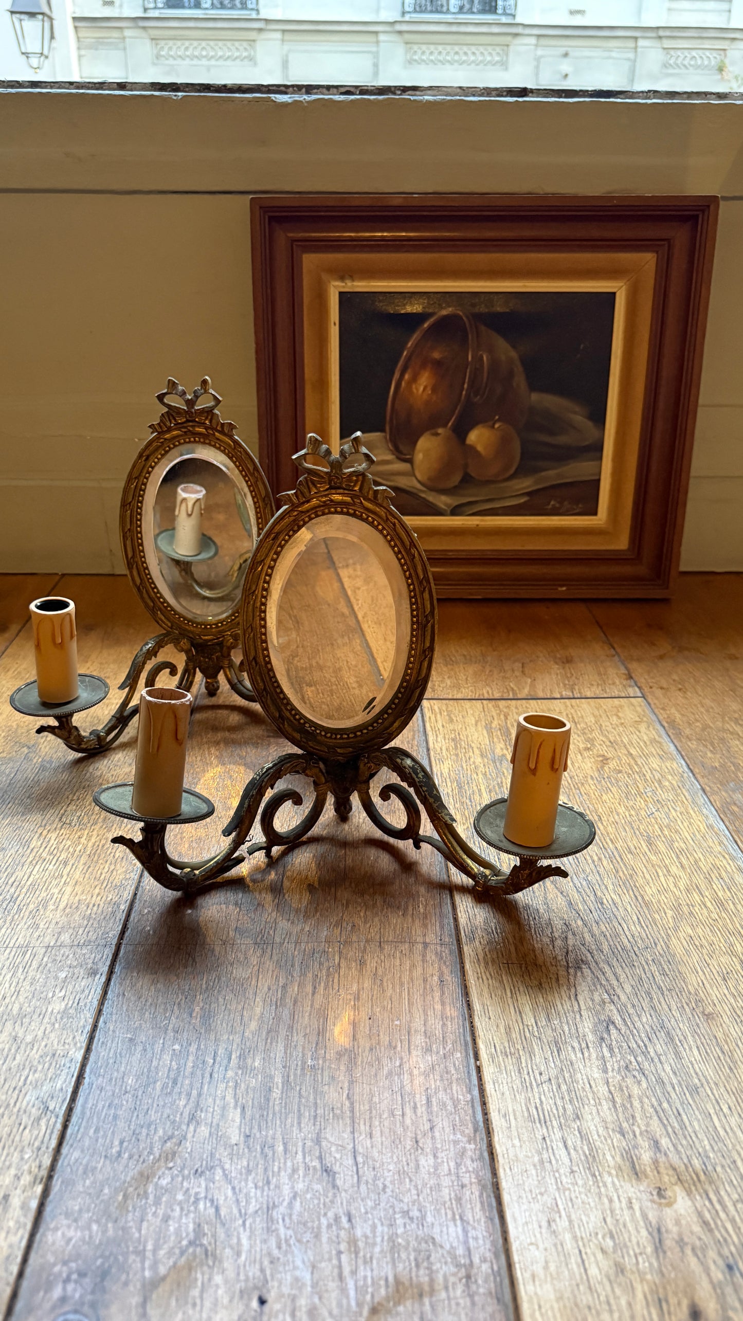 French Brass Bow Sconce Pair