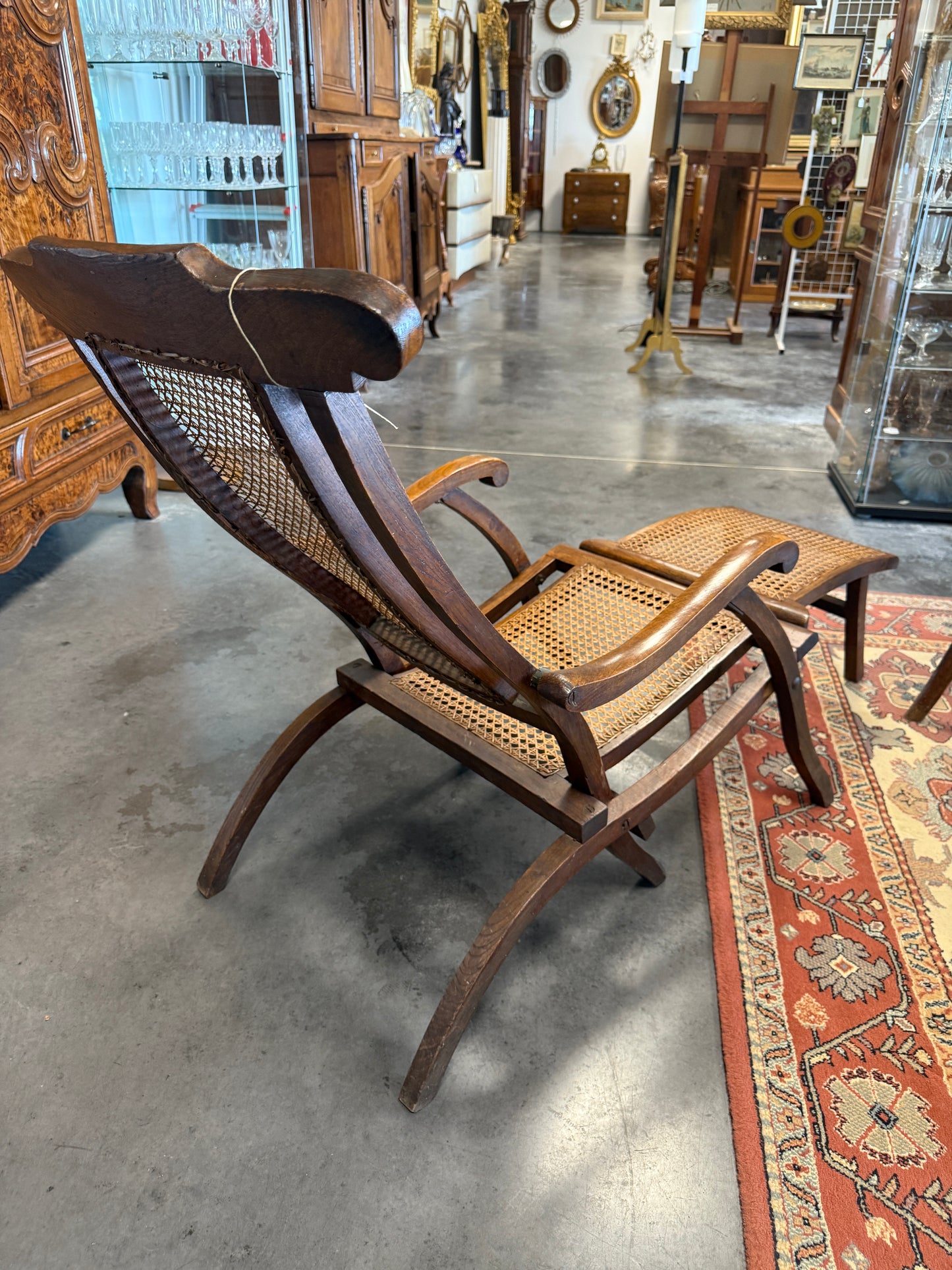 1950's French Walnut & Rattan Steamer Deck Chairs