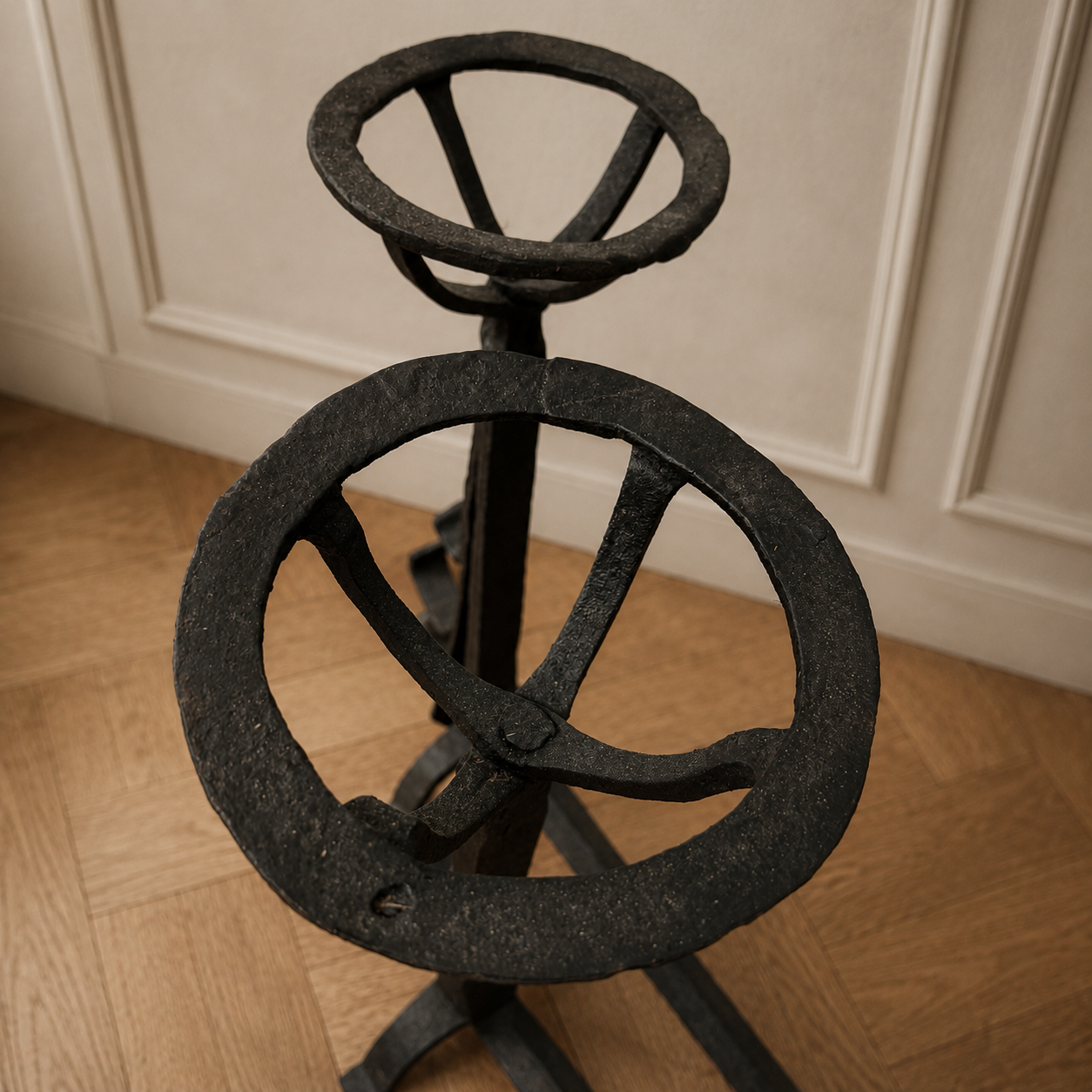 French Hand-Forged antique Iron Andirons with Brandy Warmers early 20th c