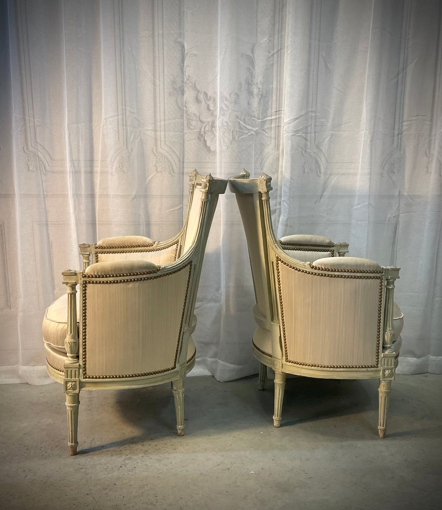 Louis XVI-Style Carved and Sage Peinte Bergère Chairs