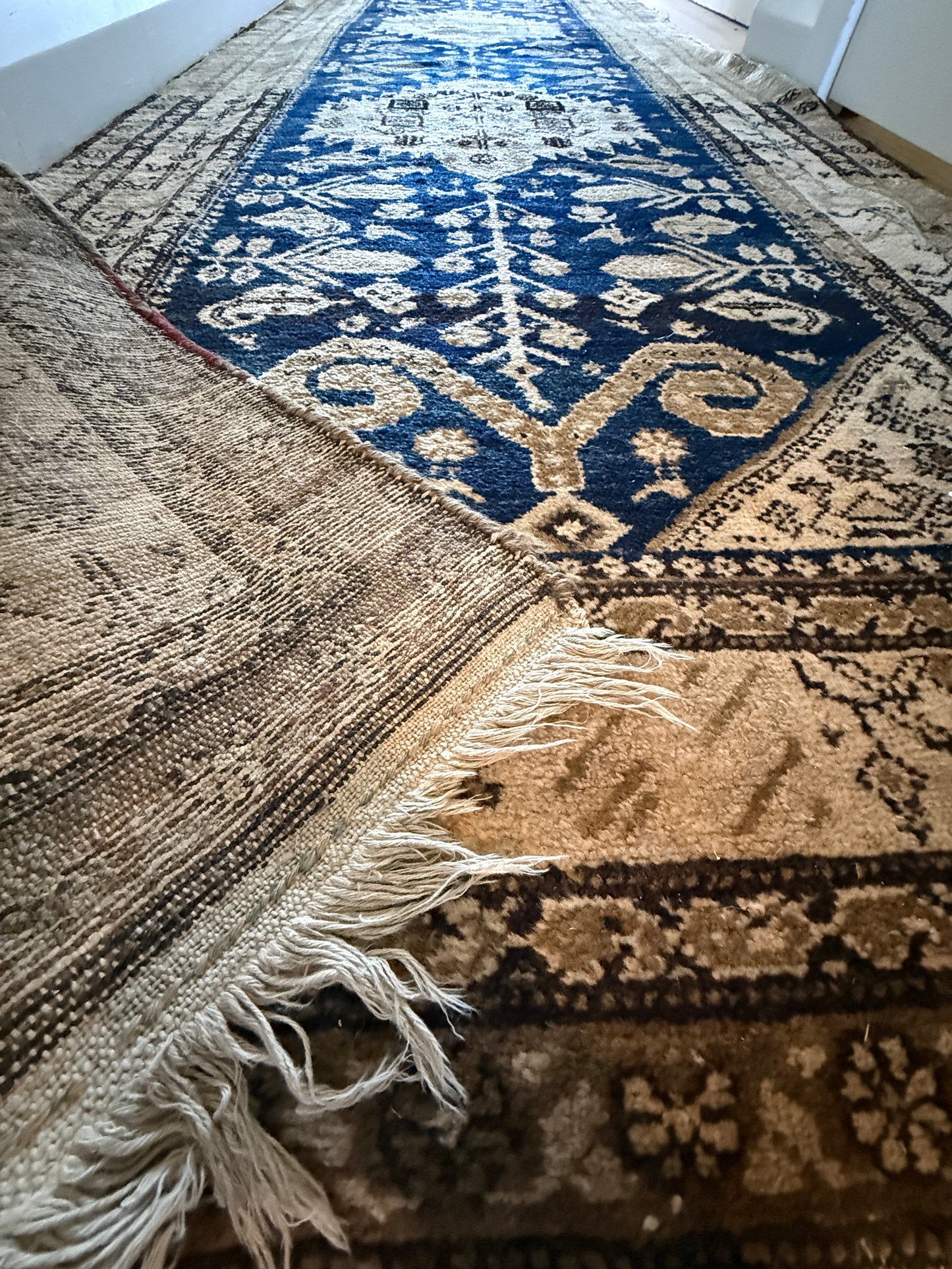 Antique French Sourced Wool Runner — c.1900–1920 | 5.0m Indigo Botanical Motif
By