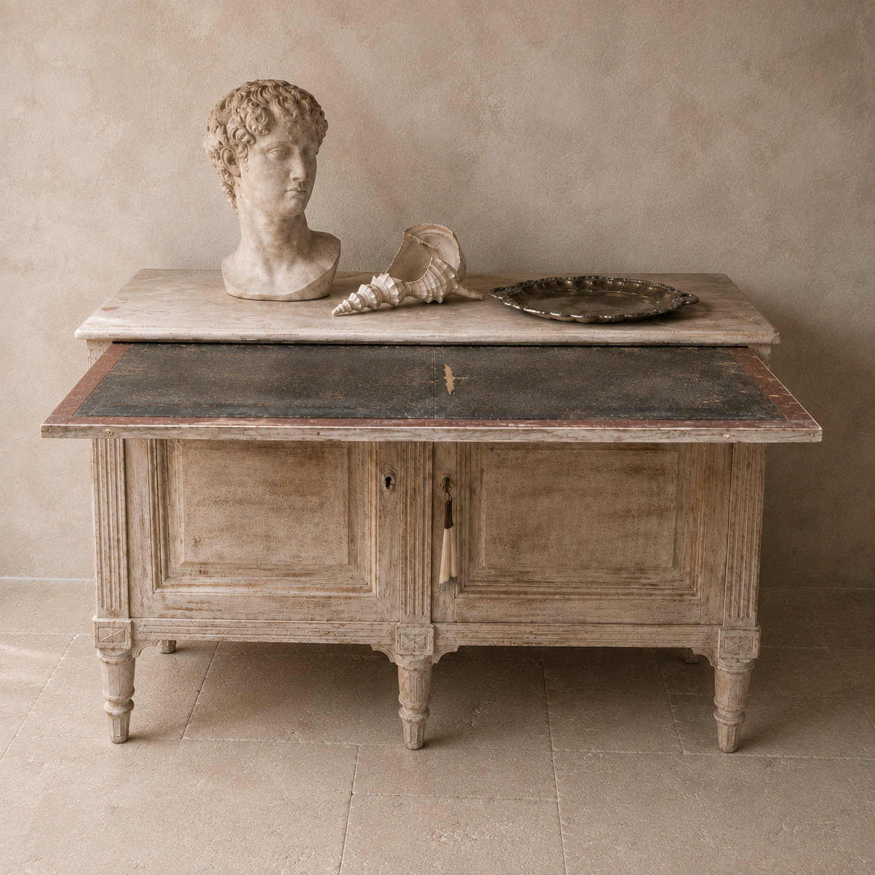 French Louis XVI Style Whitewashed Sideboard with Original Leather-Lined Writing Slide| 19th Century
