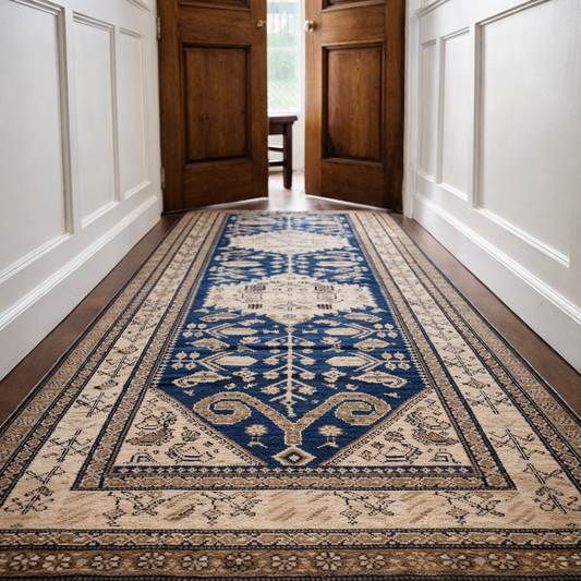 Antique French Sourced Wool Runner — c.1900–1920 | 5.0m Indigo Botanical Motif
By
