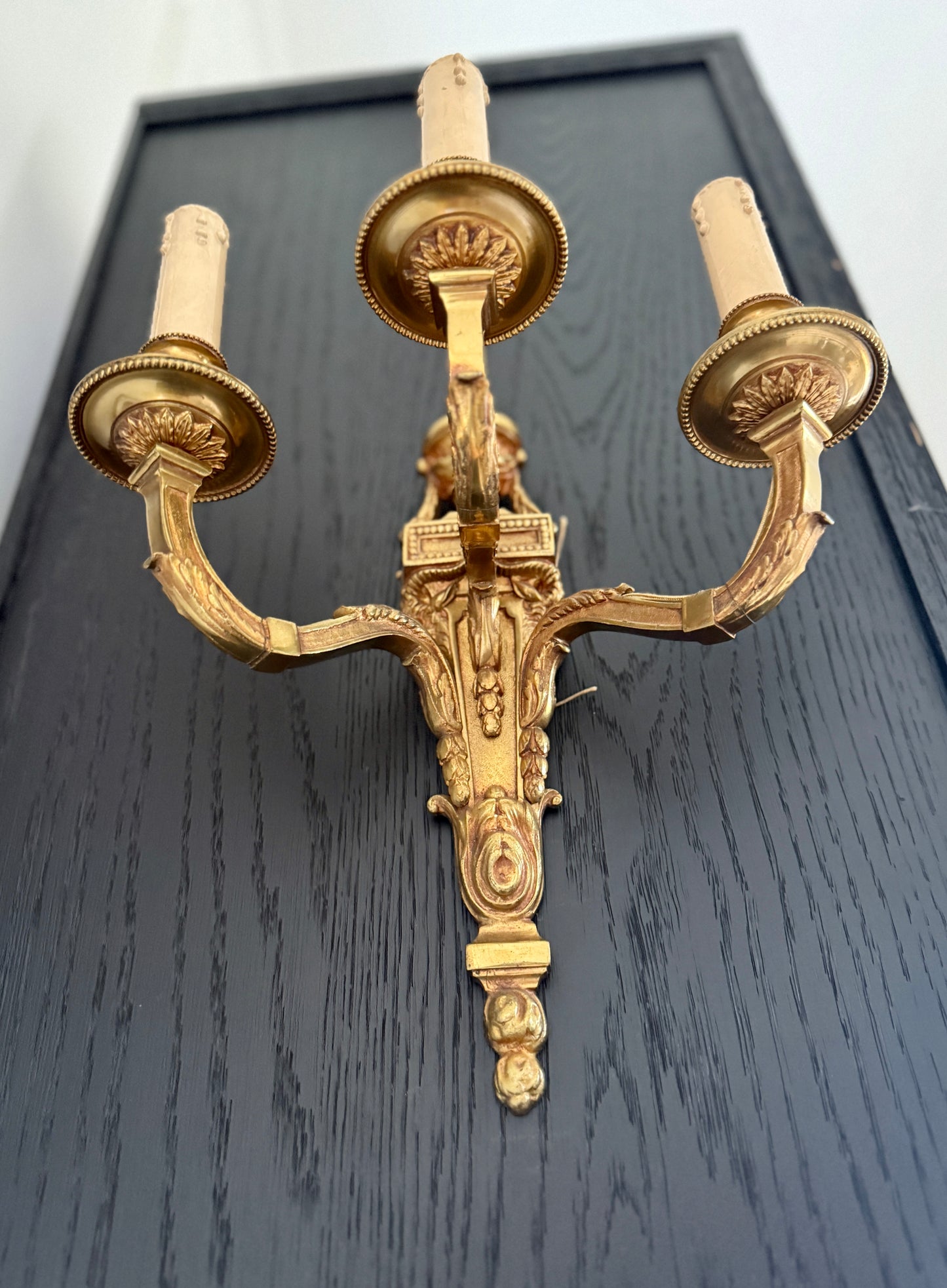Louis XVI Style Three-Arm Brass Wall Sconces
