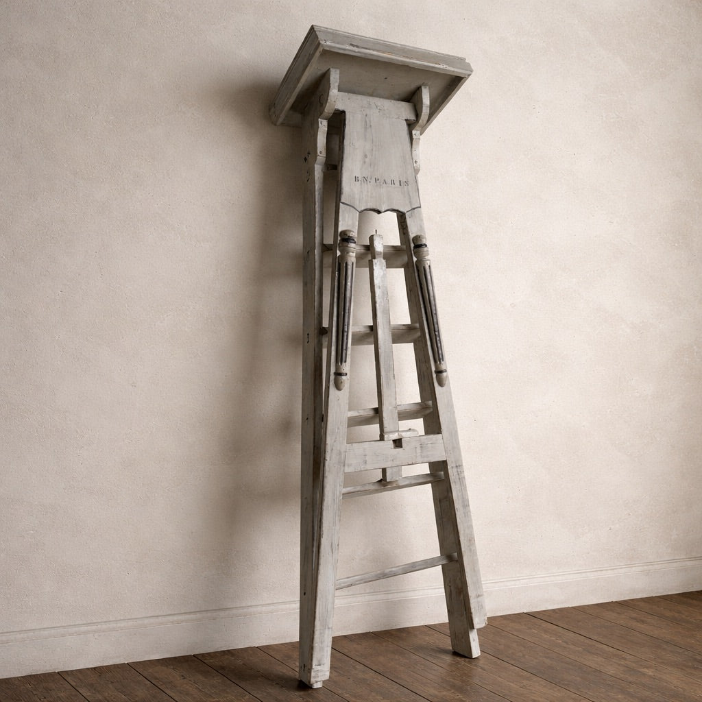 French Antique Library Ladder — Tall, “B.N. Paris” Bibliothèque Nationale