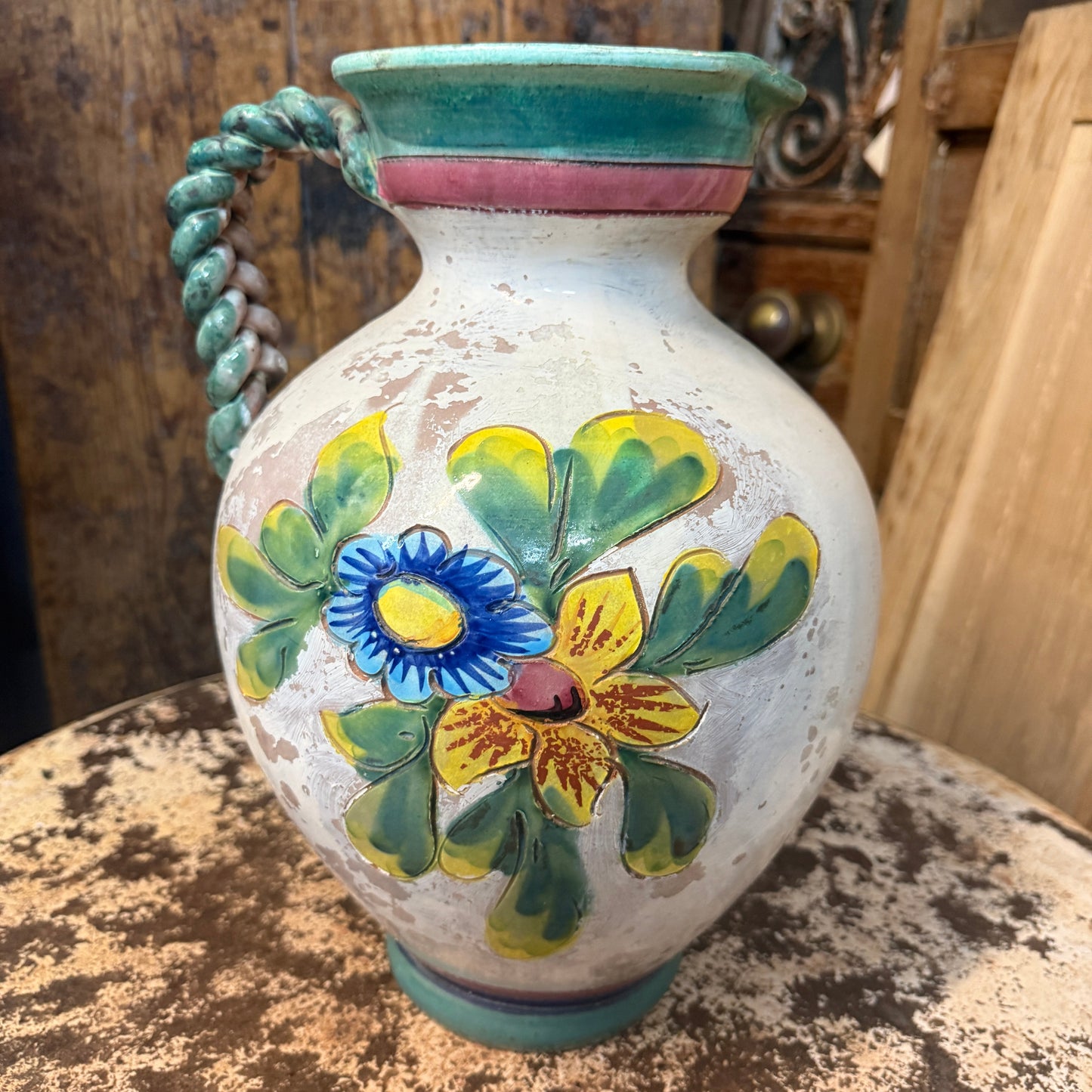 Vintage Italian Majolica Jug with Braided Handle | Mid 20th Century