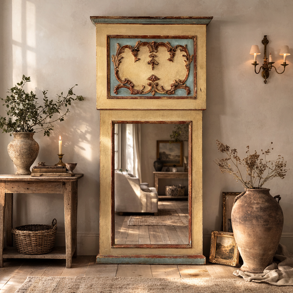 French Neoclassical Trumeau Mirror with Polychrome Panel