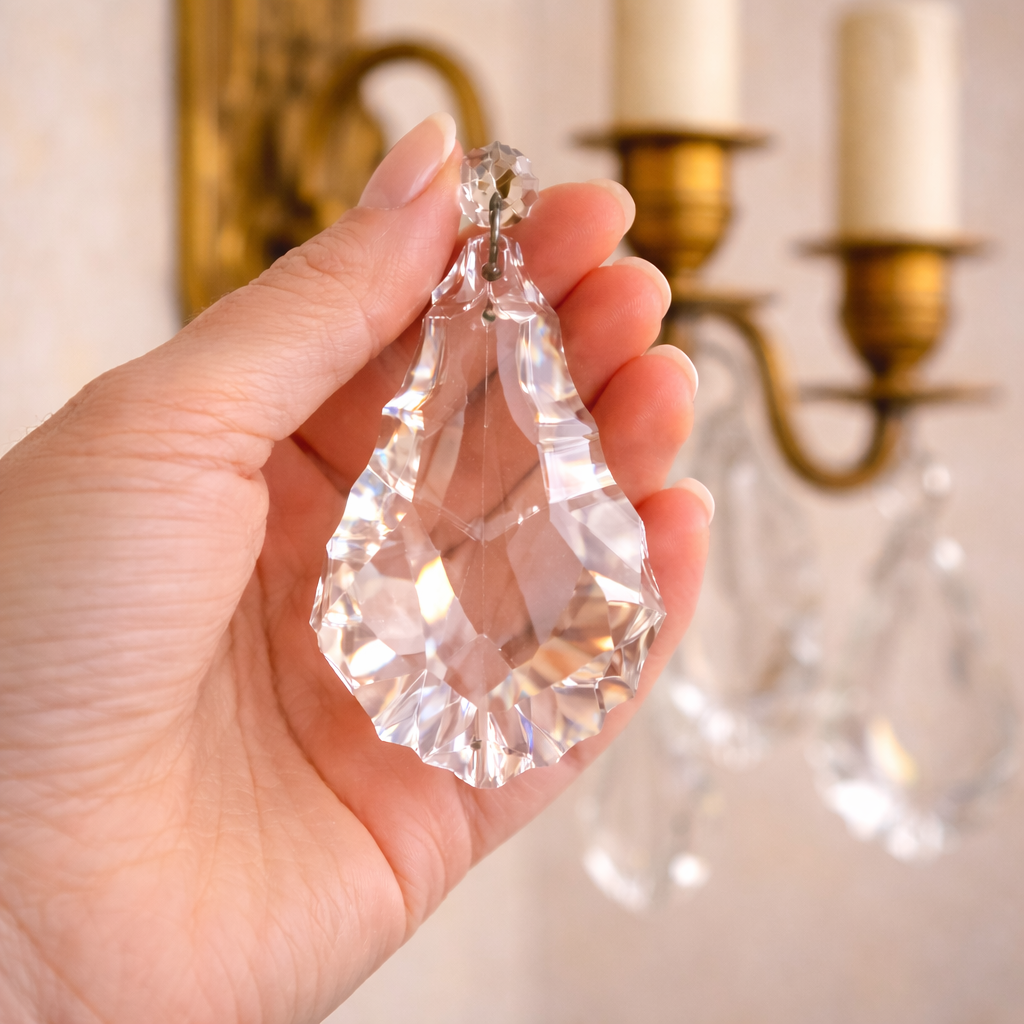 French Crystal and Brass Wall Sconce Pair