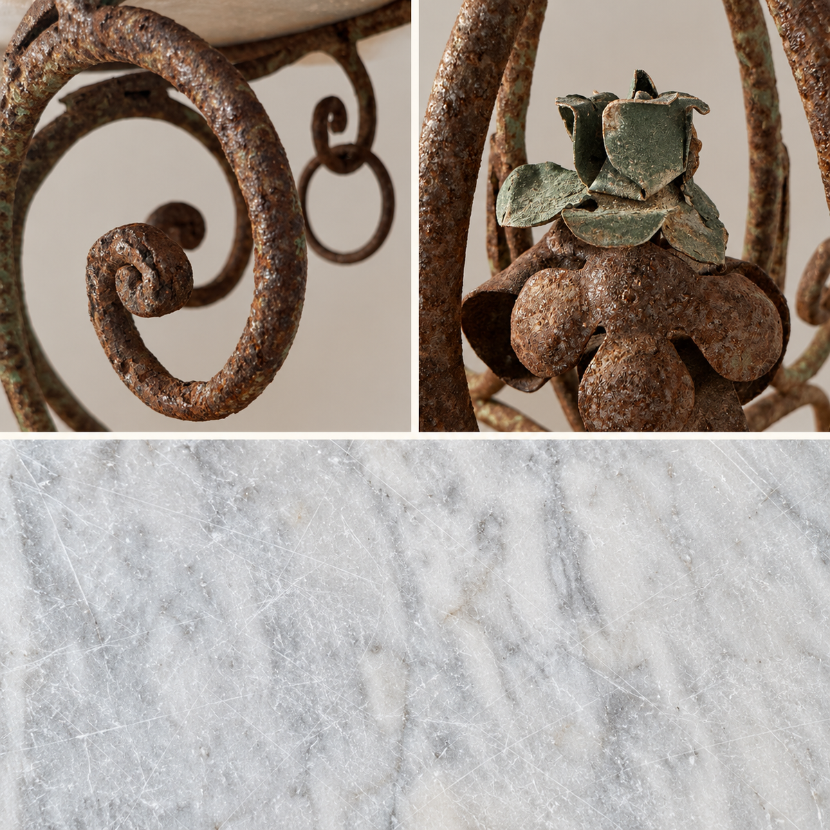 French Iron Scroll Table with White Marble Top