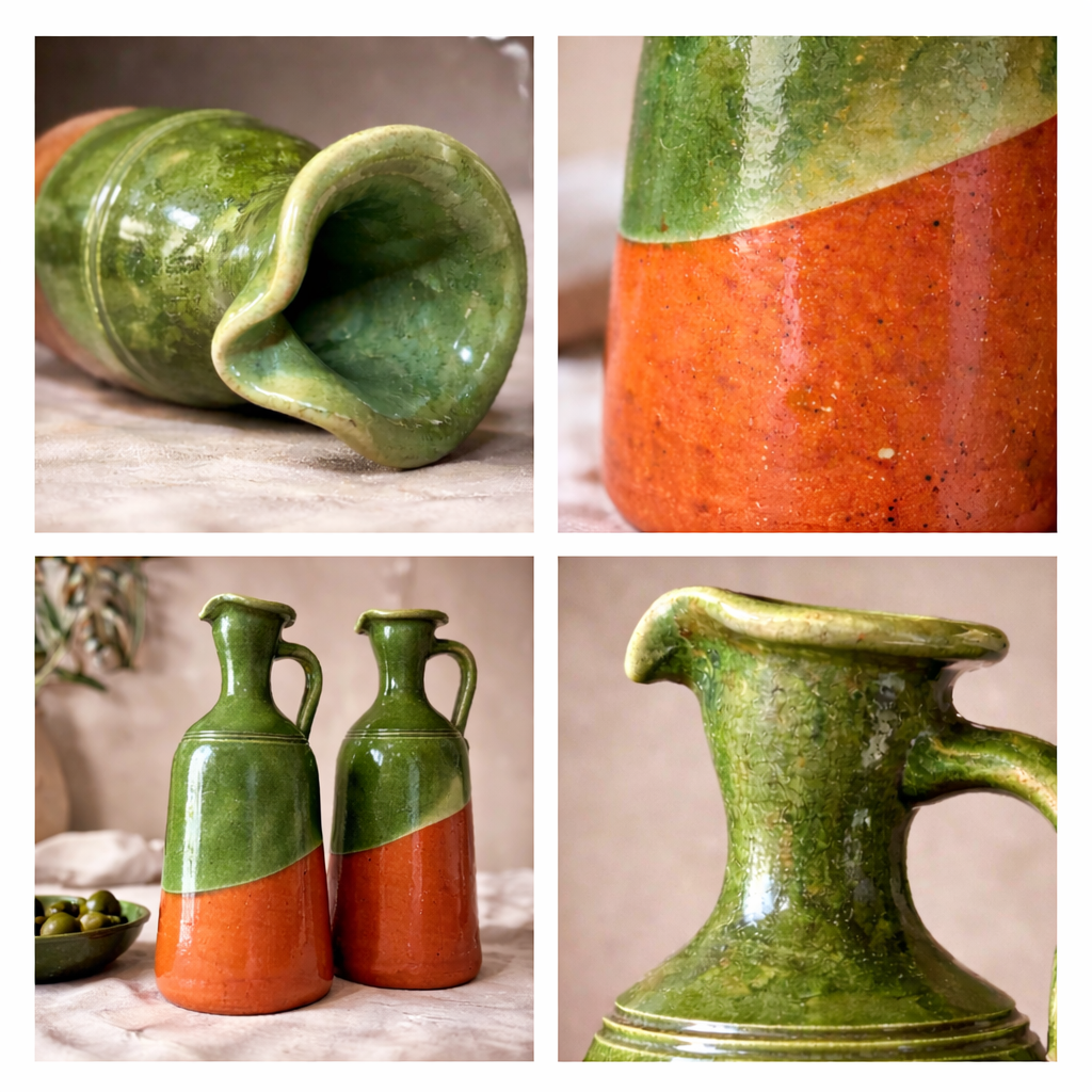 Vintage Italian Olive Oil Jugs (Pair) | Green Glaze over Terracotta, Mid–Late 20th Century