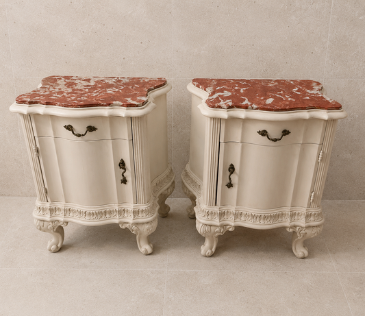 Vintage Italian Bombe Cabinets with Rosso Marble Tops
