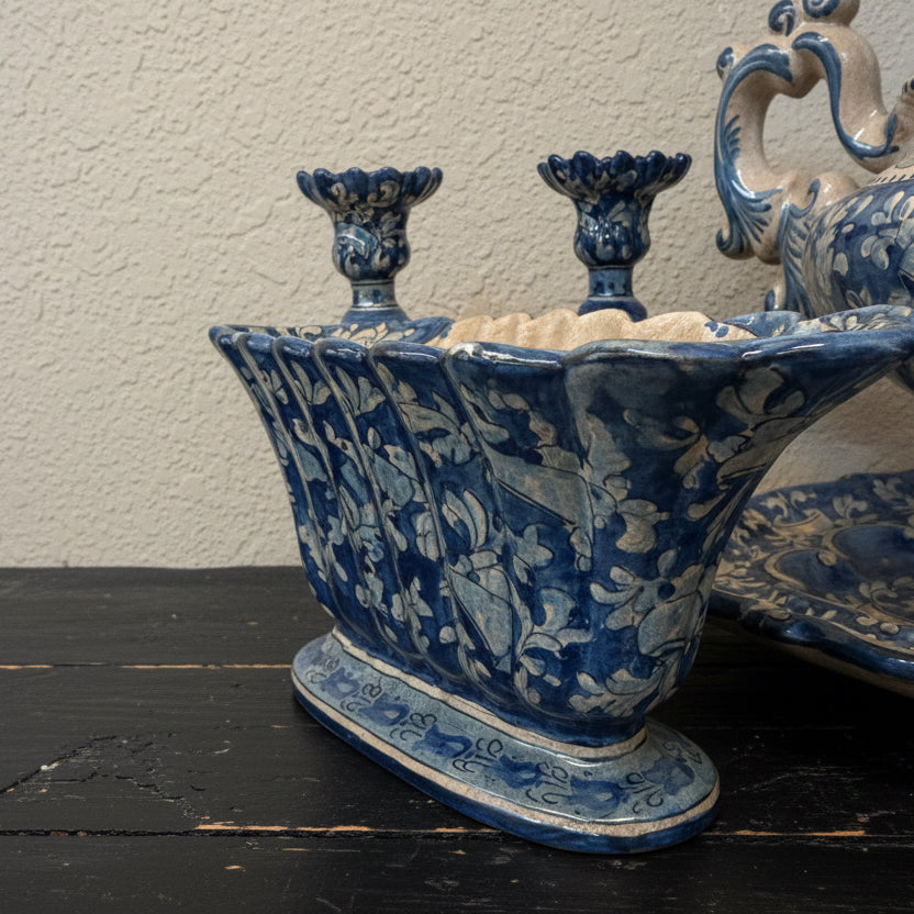 Large Vintage Italian Gubbio Maiolica Garniture Set – Hand Painted Blue Relief Ensemble