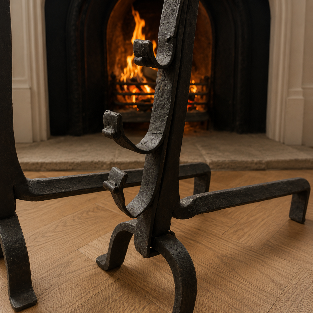 French Hand-Forged antique Iron Andirons with Brandy Warmers early 20th c