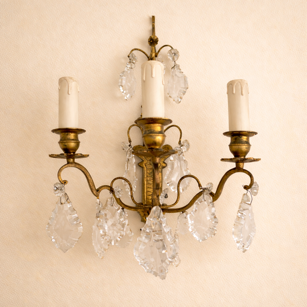 French Crystal and Brass Wall Sconce Pair