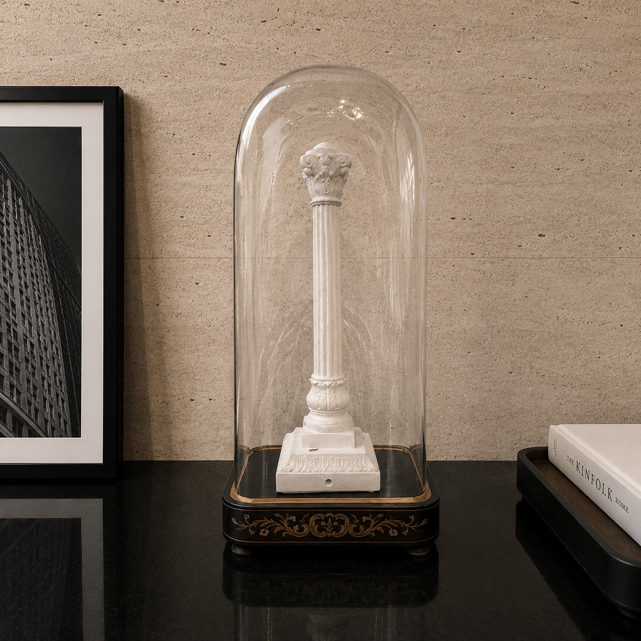 Decorative column model under a glass dome on a wooden surface. Antique French glass dome large oval 