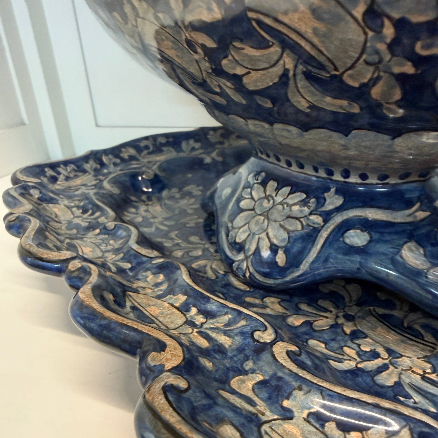 Large Vintage Italian Gubbio Maiolica Garniture Set – Hand Painted Blue Relief Ensemble