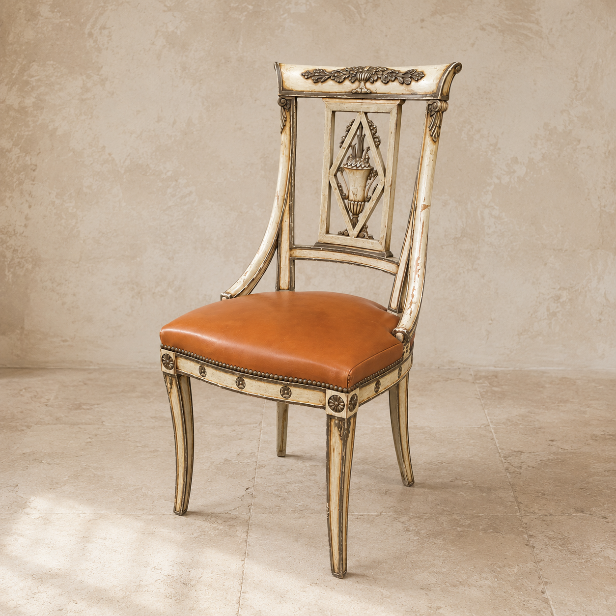 Set of Eight Italian Neoclassical Cognac Leather Dining Chairs