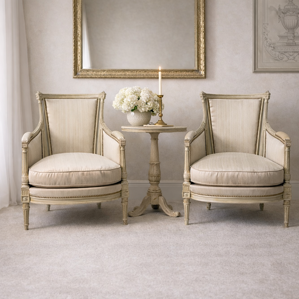 Louis XVI-Style Carved & Sage Peinte Bergère Chair set of 2