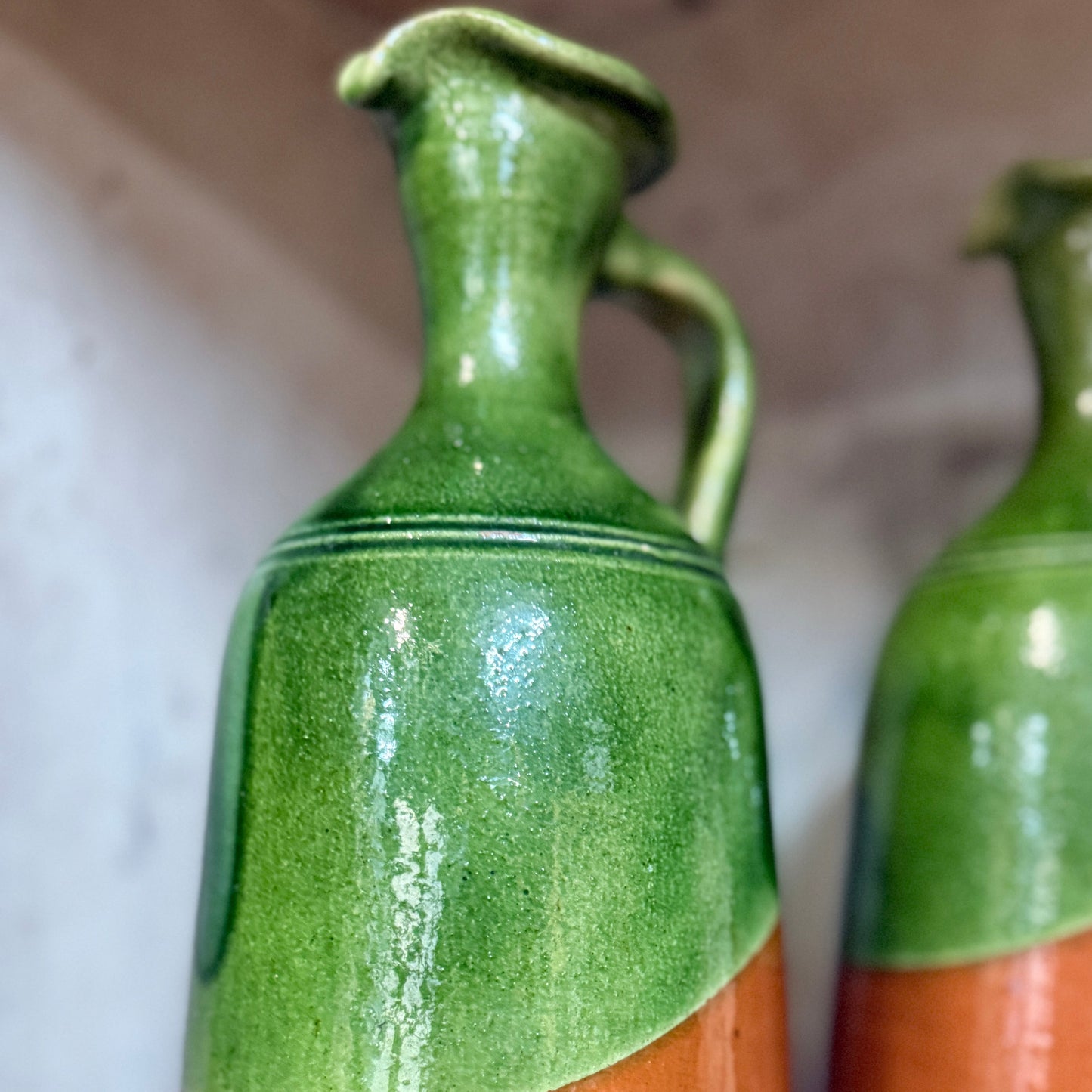 Vintage Italian Olive Oil Jugs (Pair) | Green Glaze over Terracotta, Mid–Late 20th Century