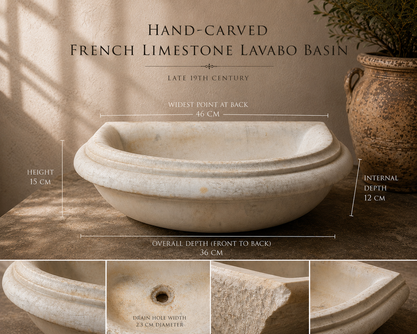 Hand-carved French limestone lavabo basin with dimensions and details.