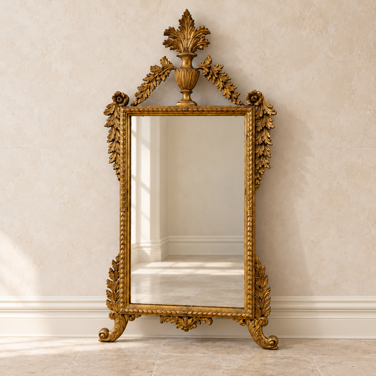 Italian giltwood mirror with urn crest, carved foliage and scroll feet