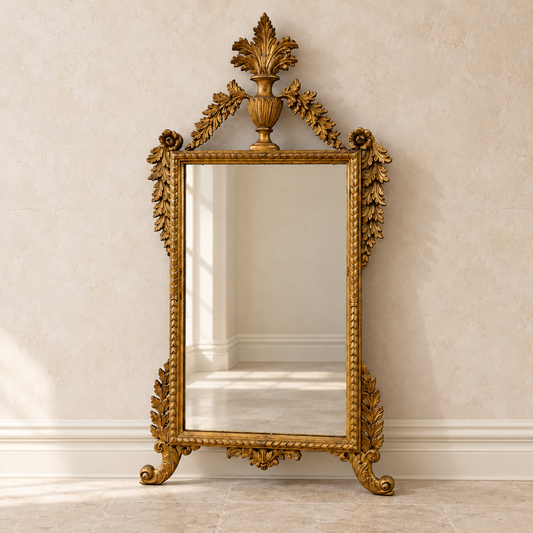 Italian giltwood mirror with urn crest, carved foliage and scroll feet