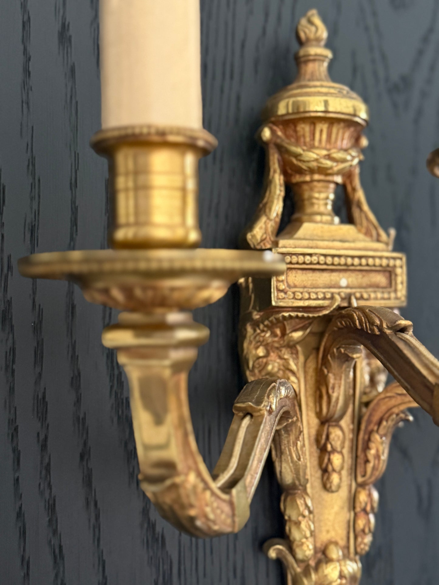 Louis XVI Style Three-Arm Brass Wall Sconces