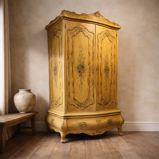 Italian Rococo Style Armoire | Hand Painted Vintage Wardrobe Cabinet