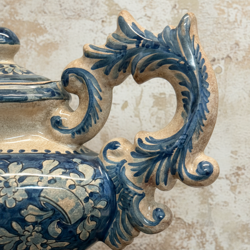 Large Vintage Italian Gubbio Maiolica Garniture Set – Hand Painted Blue Relief Ensemble