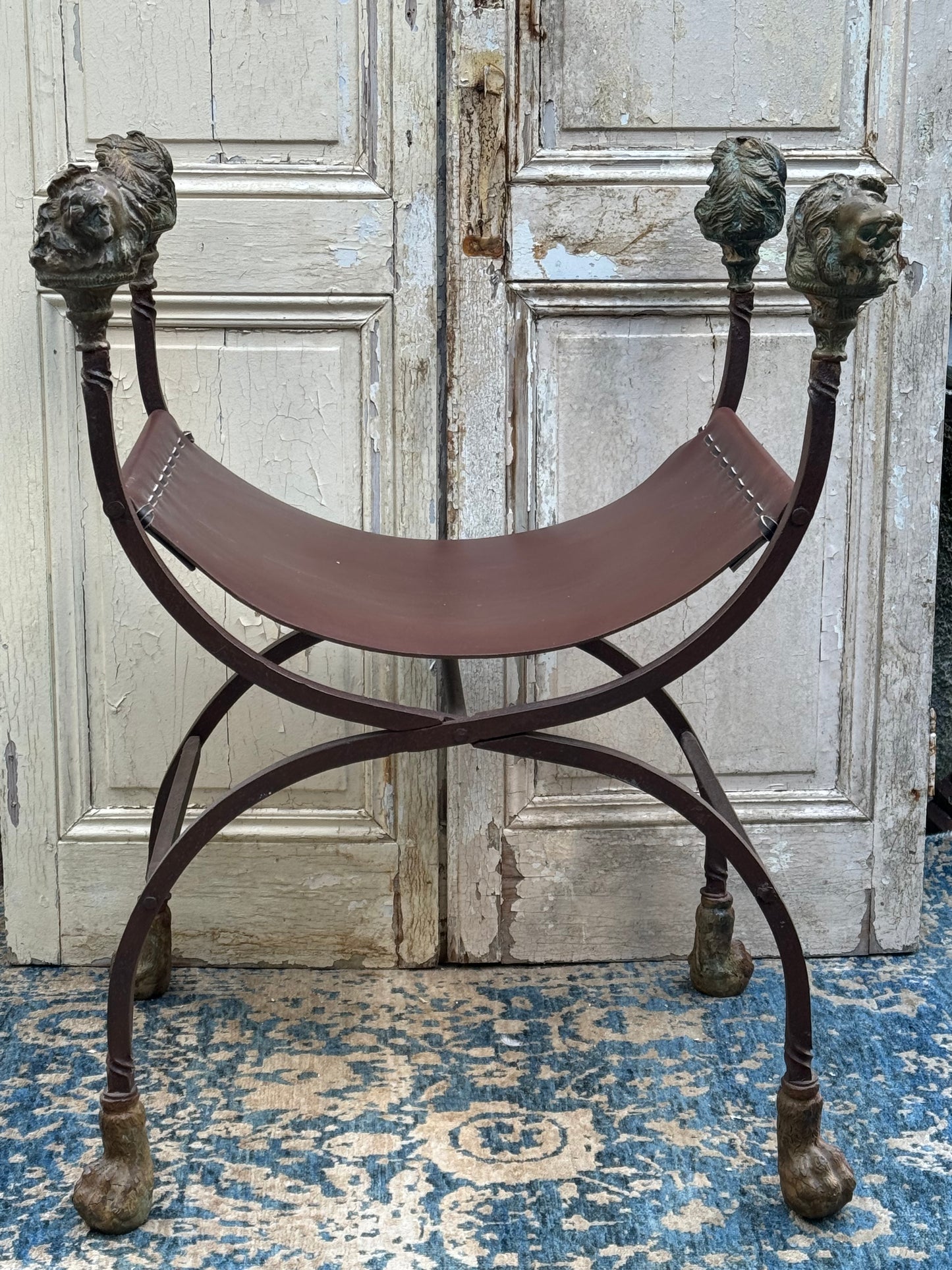 Roman Theatre Chairs with Leather Sling & Brass Accents